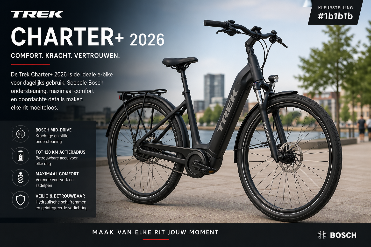 Trek Charter+ 2026: comfortabele e-bike voor dagelijks gebruik, lange ritten en alles daartussenin