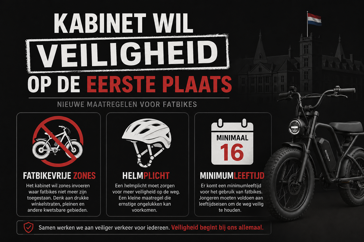 Kabinet pleit voor  fatbike vrije zones, wil helmplicht en denkt aan een minimumleeftijd voor bestuurder.