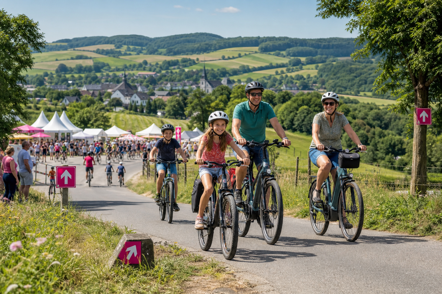 Gezin fietst op een landelijke weg langs een dorpsfeest in een heuvelachtig landschap